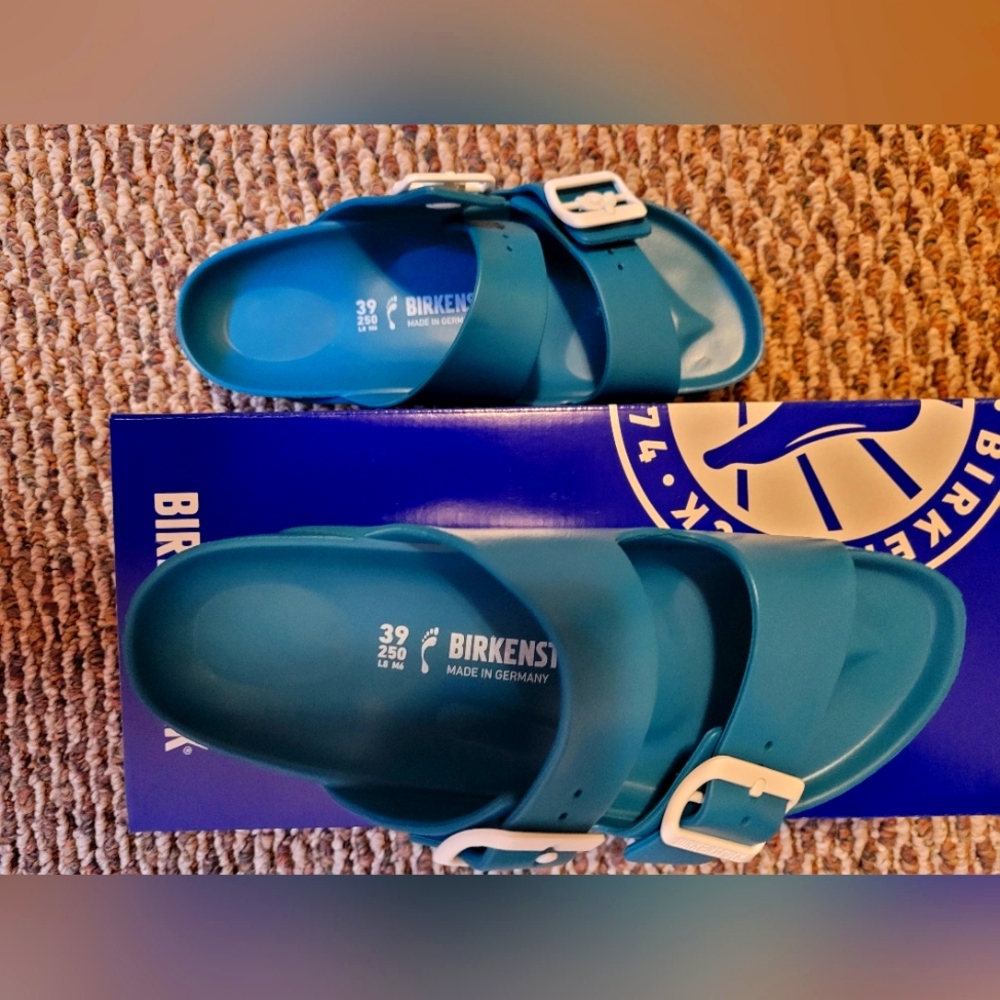 Birkenstock plastic buckle teal and cream Never Worn